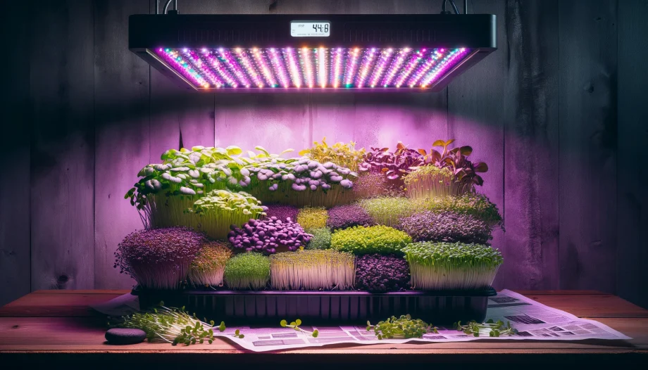 microgreens growing in a tray under an LED grow light