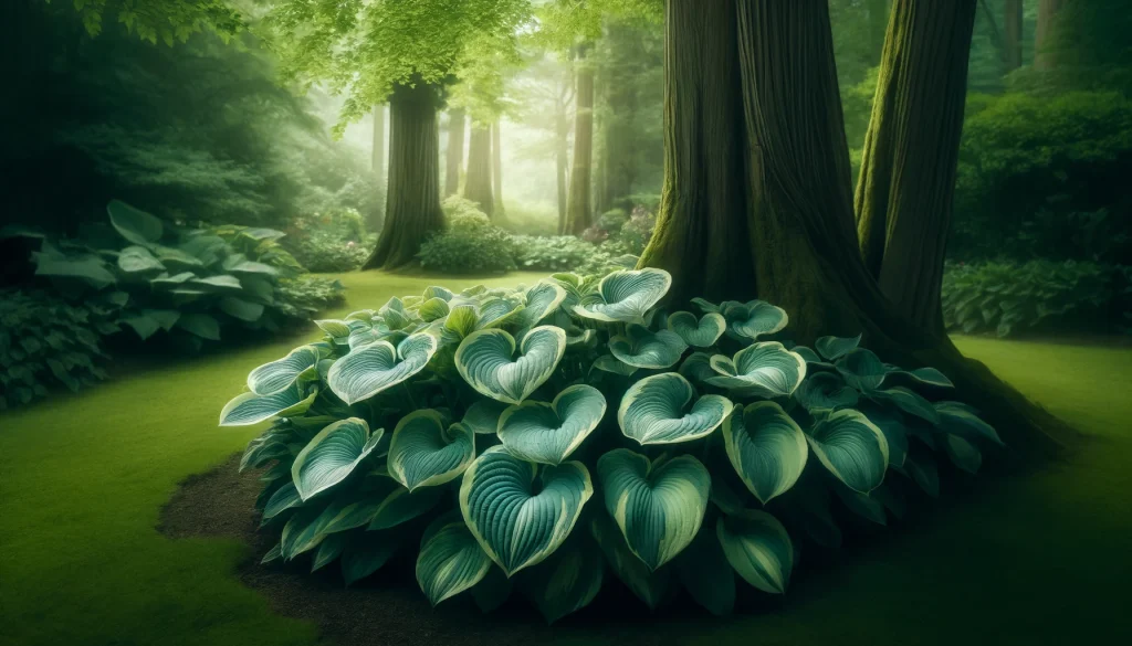 heart leaf Hostas thriving under trees