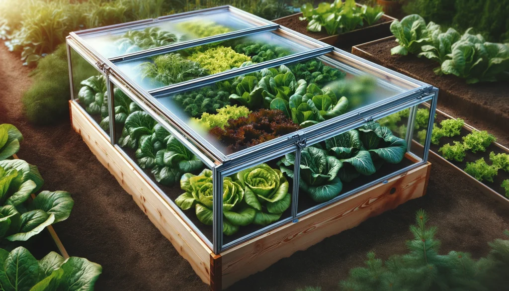 A cold frame filled with different varieties of leafy green vegetables