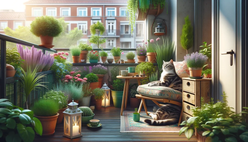 cozy balcony garden with a cat lounging comfortably