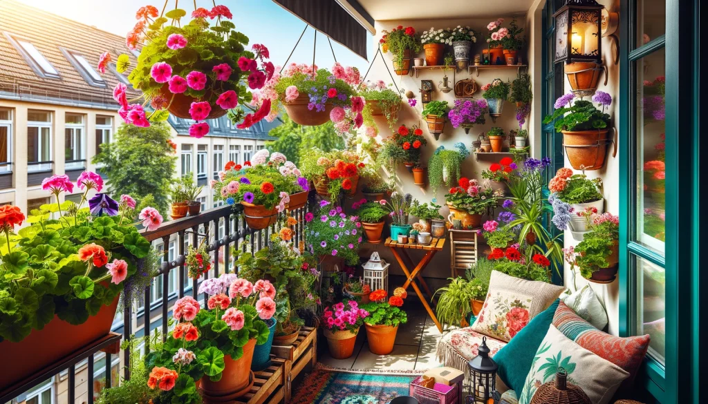 A vibrant balcony garden with flowers in pots and buckets