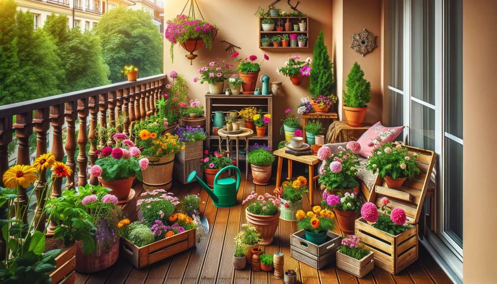  A beautiful balcony garden with flowers in pots and crates