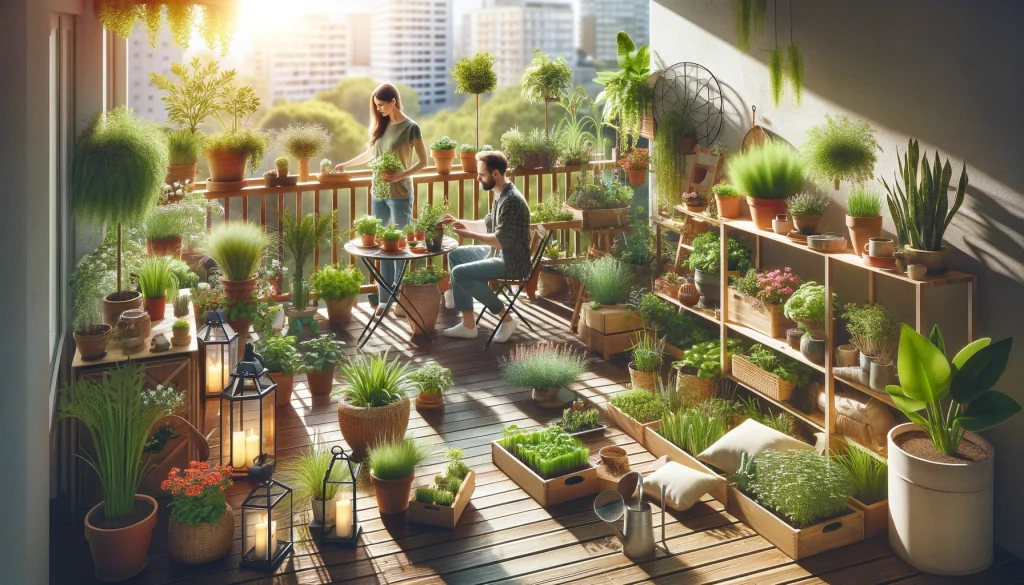 A Couple on a Sunny Balcony Gardening
