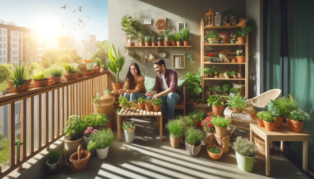 a couple engaged in gardening on a sunny balcony filled with lush plants