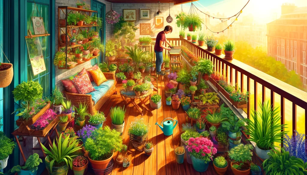 potting up plants on a sunny balcony