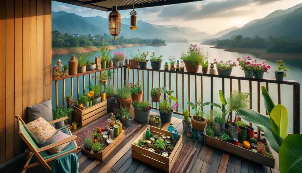 friendly balcony garden with a view of a serene lake and mountains in the background