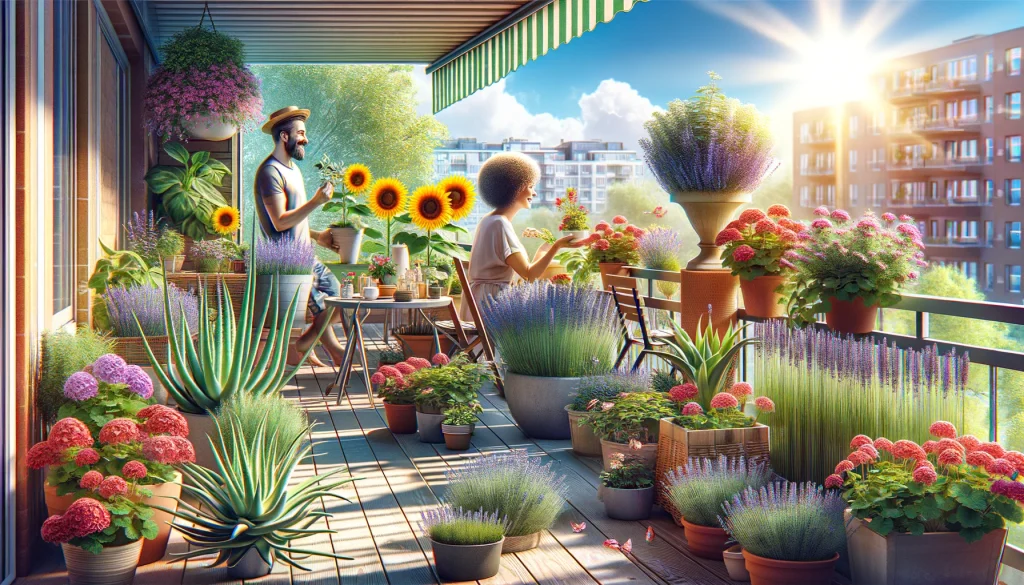 A couple enjoying their sunny balcony plants