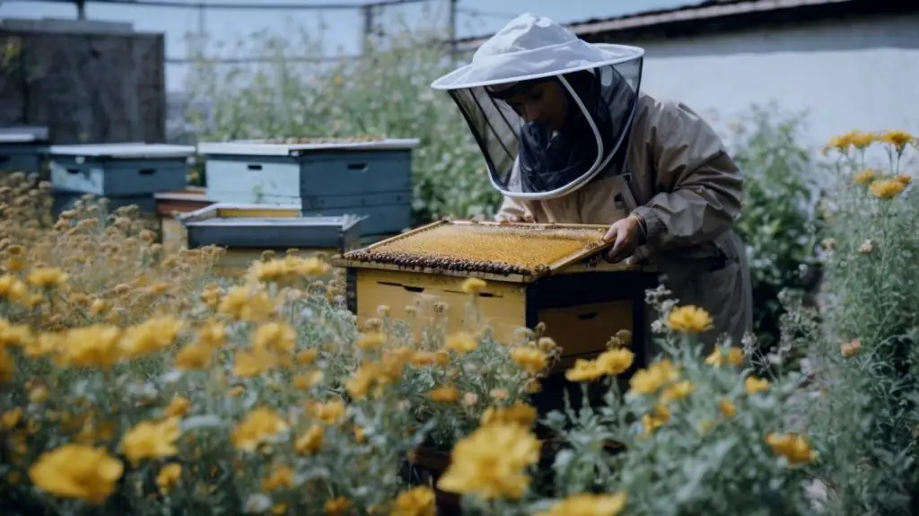 Urban Beekeeper Tending Hives on a Rooftop